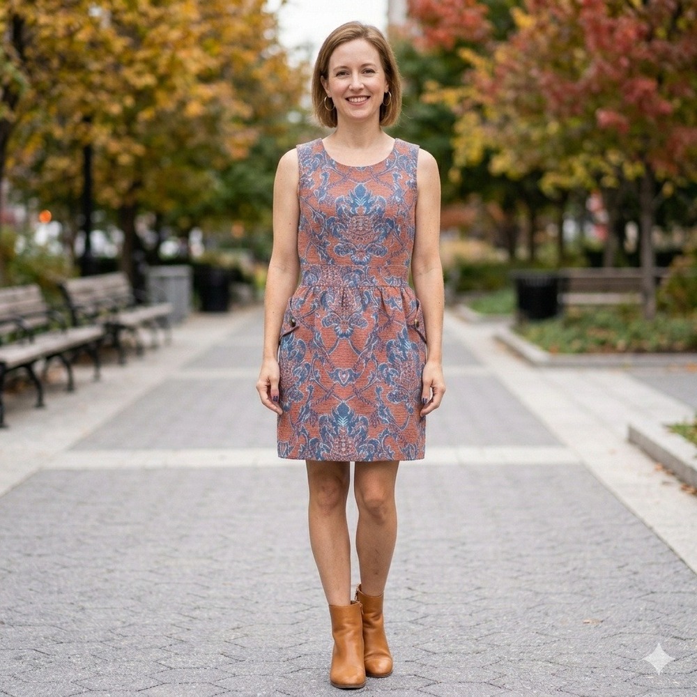 Tulle Womens Small Orange Blue Tapestry Mini Damask Jacquard Fit & Flare Dress